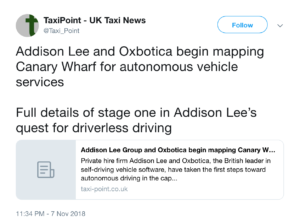 TaxiPoint tweet re mapping Canary Wharf