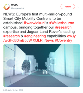 WMG tweet re new Smart City Mobility Centre