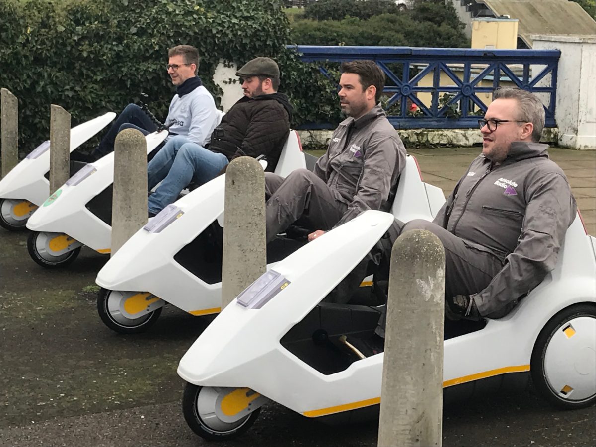 Absolute Radio presenters Andy Bush, Richie Firth, Dave Berry and Matt Dyson in Sinclair C5 Seafront Race in Margate