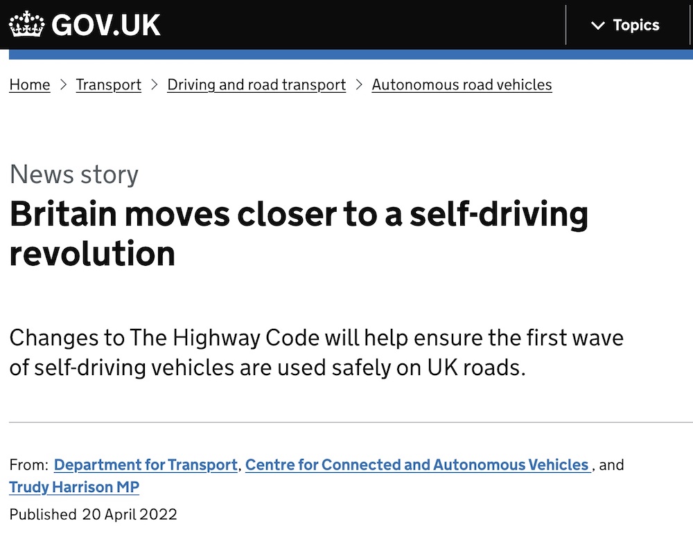 UK Government Highway Code changes for self-driving April 2022