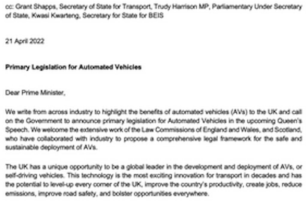 Businesses urge PM to add self-driving legislation to Queen’s Speech on 10 May