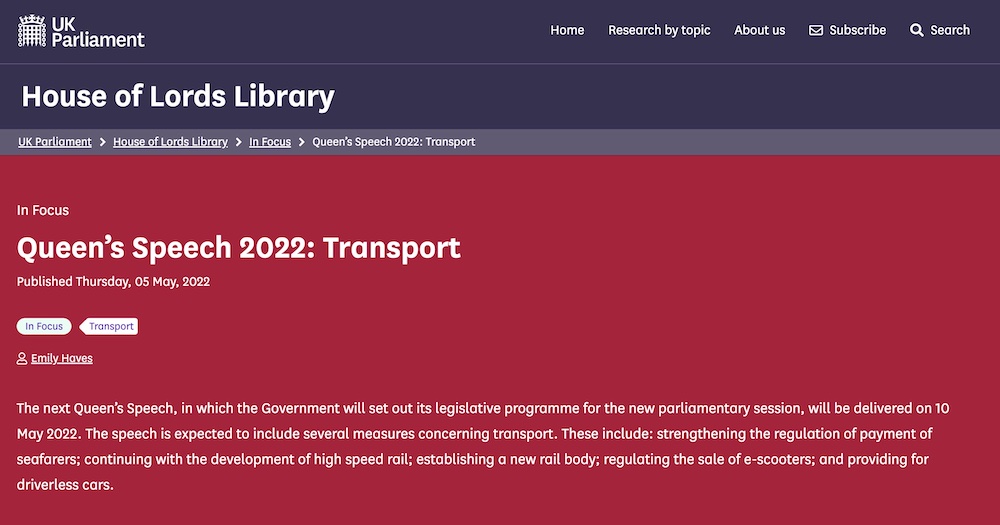 House of Lords Library re self-driving in Queen’s Speech 2022