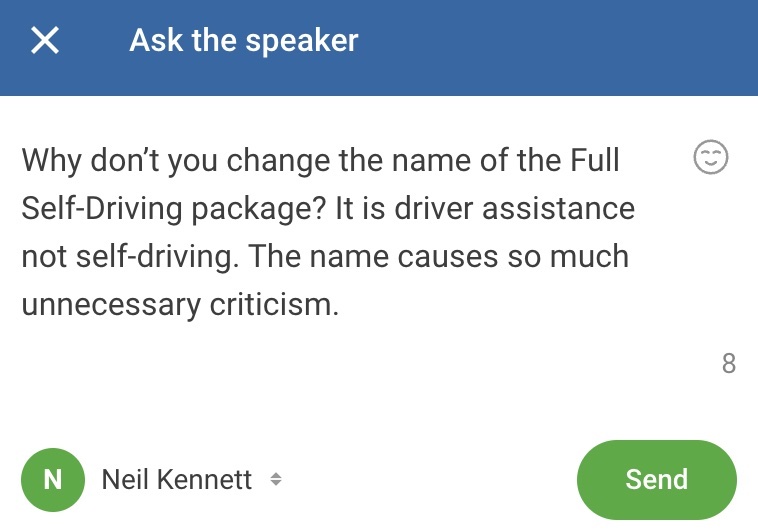 Neil Kennett self-driving question for Elon Musk at FT Future of the Car Summit 2022