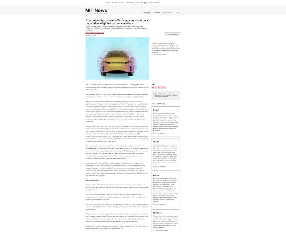 MIT News self-driving CO2 media coverage, January 2023