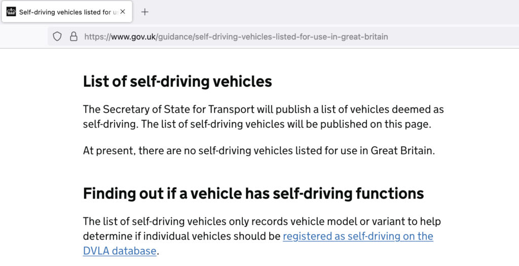 UK Government list of self-driving vehicles (3 May 2023)