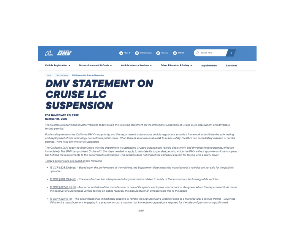California DMW statement re Cruise self-driving 24 Oct 2023