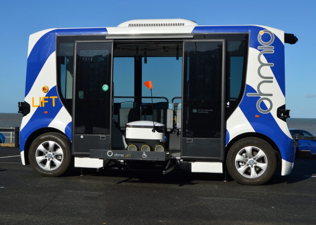 Starship robot on the Ohmio LIFT shuttle at the Self-Driving Industry Awards in Margate, October 2025