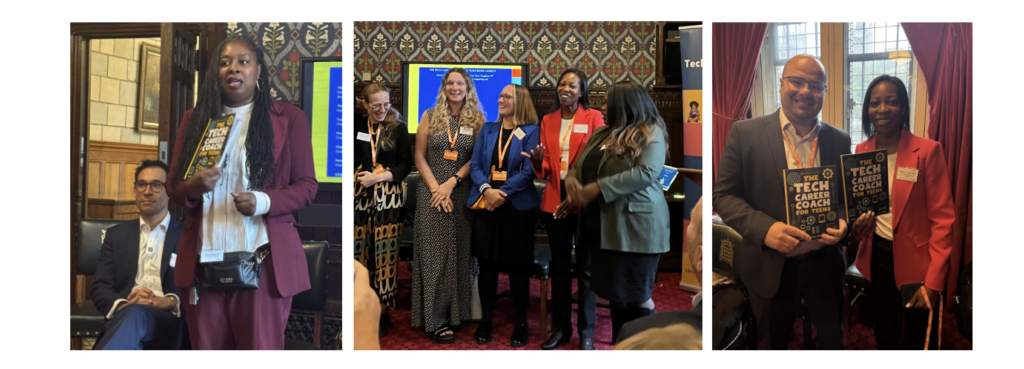 L-R: Dawn Butler MP with Tony Vaughan MP, the Technology Books for Children team, and Mohammed Younes of Aureos Energy with Beverly Clarke MBE, author of The Digital Adventures of Ava and Chip: Self-Driving Car
