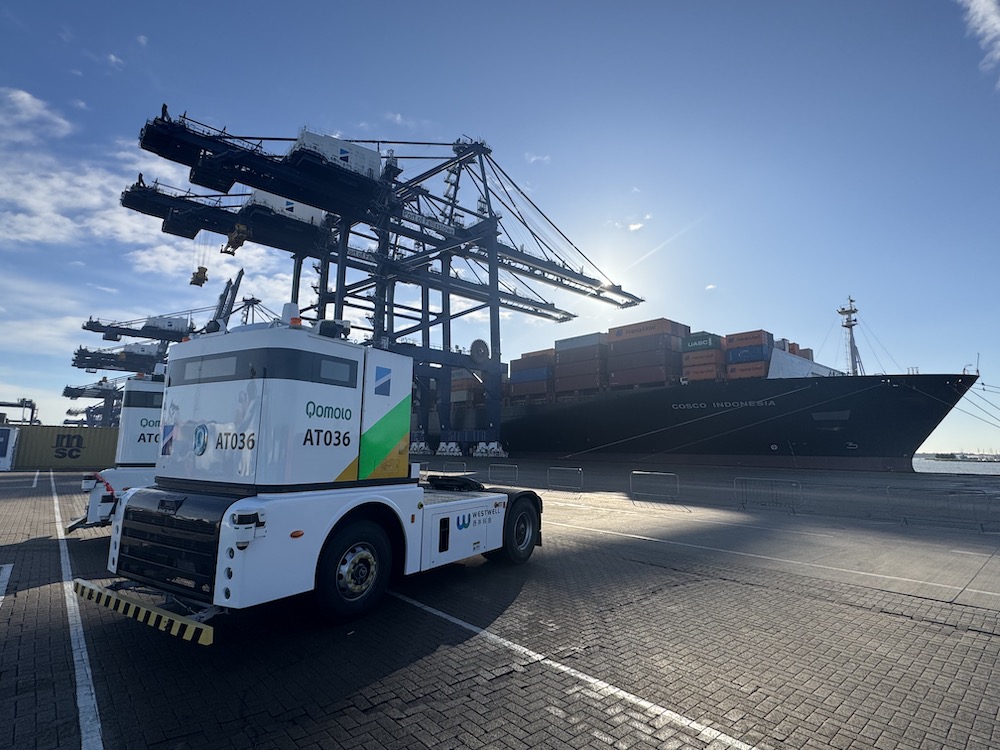 Self-driving Shanghai Westwell Technology Q-Truck at Port of Felixstowe in Suffolk
