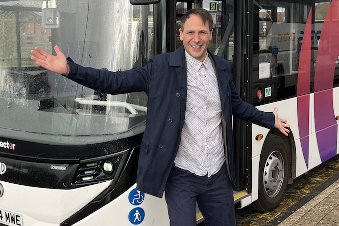 Neil Kennett with the Enviro100AEV bus in Cambridge, 25 March 2026