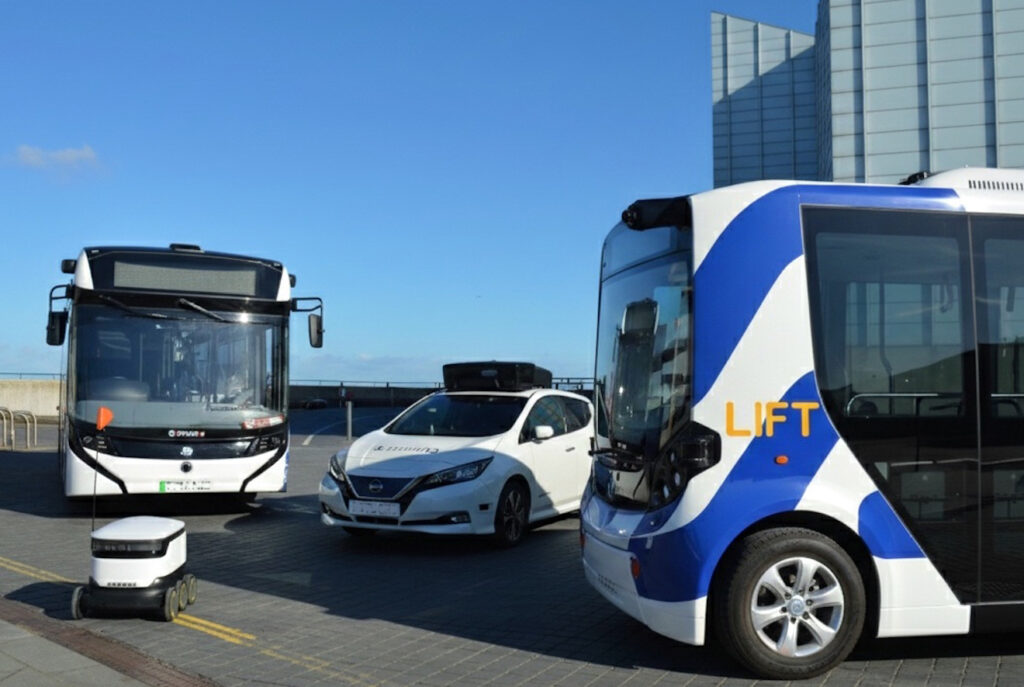 Winners at Self-Driving Industry Awards 2025 – the Enviro100AEV bus, evolvAD Project Nissan LEAF, Ohmio LIFT shuttle, and Starship delivery robot.