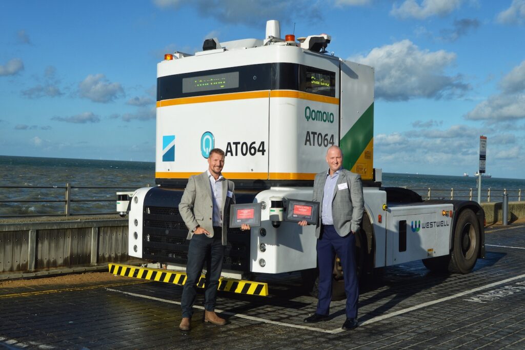 Adam Godbold and Aaron Cavanagh of Port of Felixstowe with the Westwell Q-Truck at the Self-Driving Industry Awards 2026 in Margate